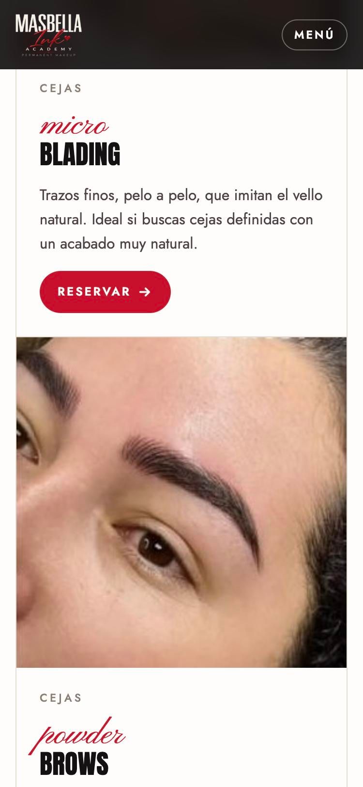 Ficha del servicio de microblading en la web de MasBella Ink, con fotografía de una ceja.